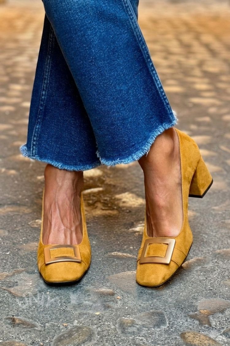 Patchwork Metal Decor Square Toe Navy Chunky Heels