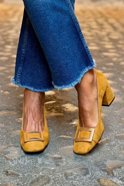 Patchwork Metal Decor Square Toe Navy Chunky Heels
