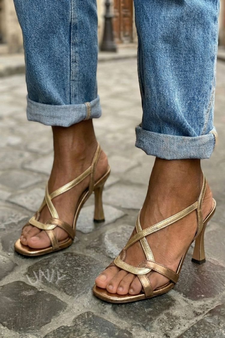 Gold Metallic Crisscross Strap Stiletto Heel Sandals