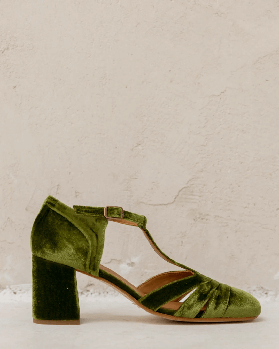 Hollow Out T-Strap Buckle Velvet Chunky Heels