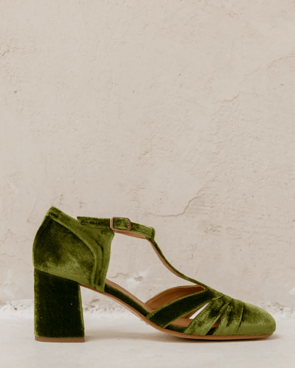 Hollow Out T-Strap Buckle Velvet Chunky Heels