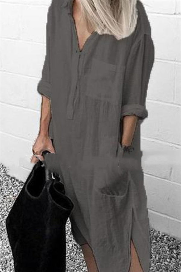 Elegante vestito camicia monocolore con spacco