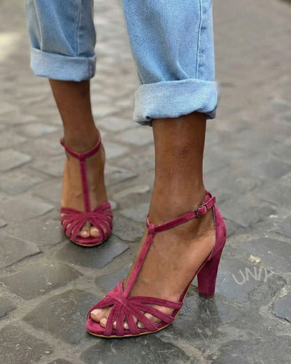Burgundy Faux Suede T-Strap Chunky Block Heel Sandals [Pre Order]