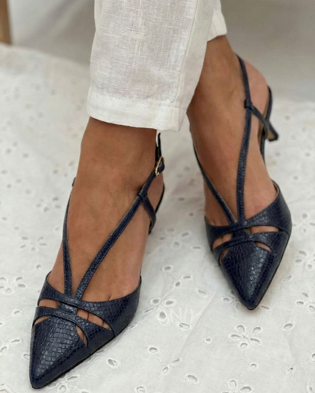 Black Pointed Toe Strappy Slingback Elegant Kitten Heels [Pre Order]
