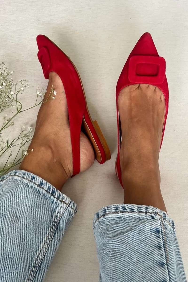 Suede Buckle Detail Pointy Slingback Flats [Pre Order]