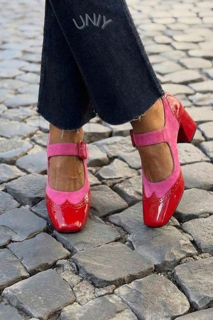 Patchwork Square Toe Instep Strap Buckle Low Heels