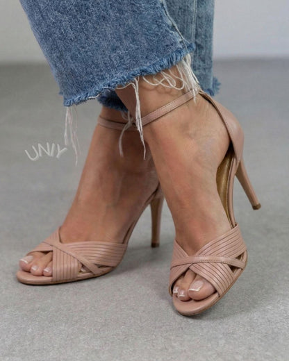Elegant Pink Pleated Strappy Ankle Strap Stiletto Heels