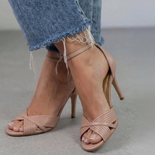 Elegant Pink Pleated Strappy Ankle Strap Stiletto Heels