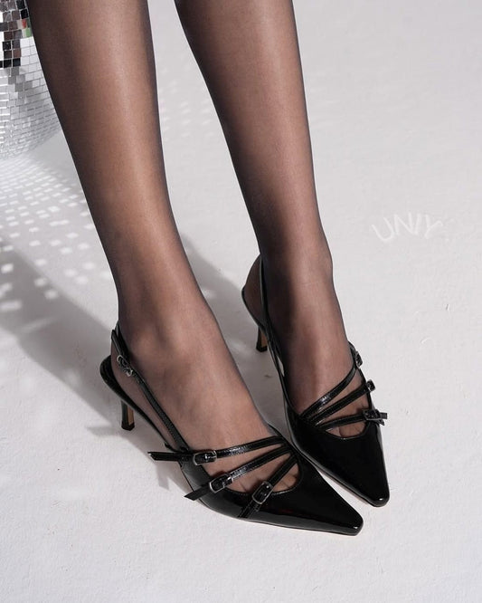Chic Black Pointed Toe Triple Buckle Strap Kitten Heel Pumps [Pre Order]
