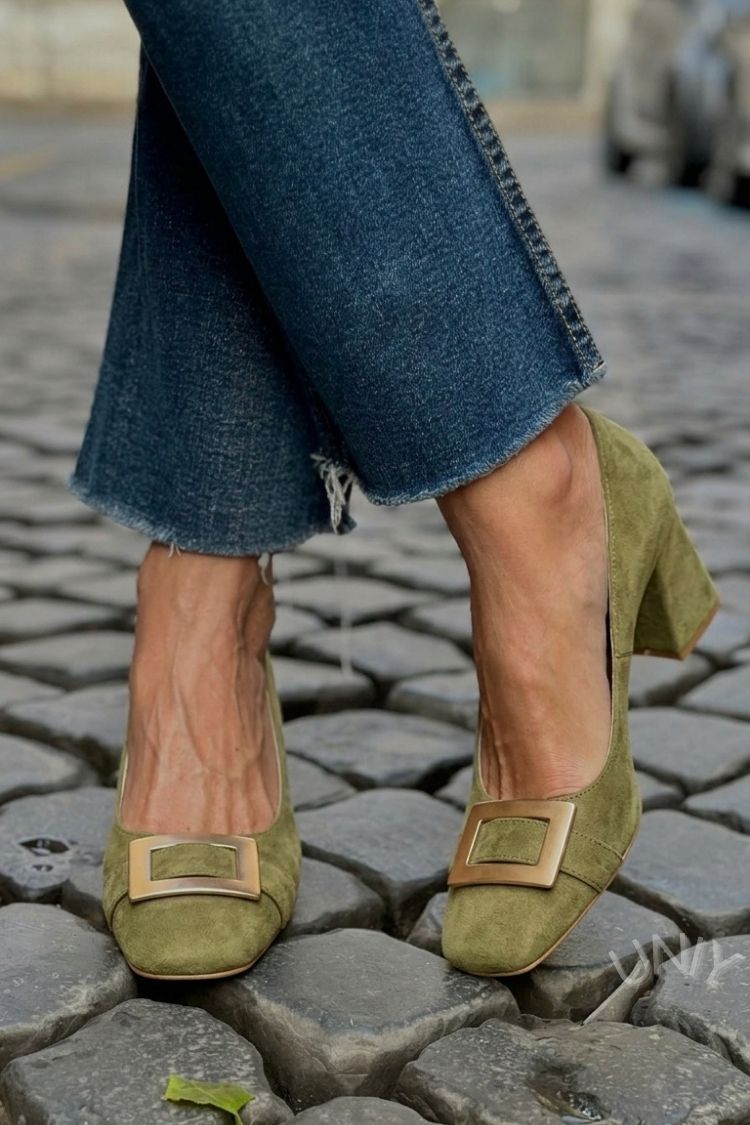 Patchwork Metal Decor Square Toe Navy Chunky Heels