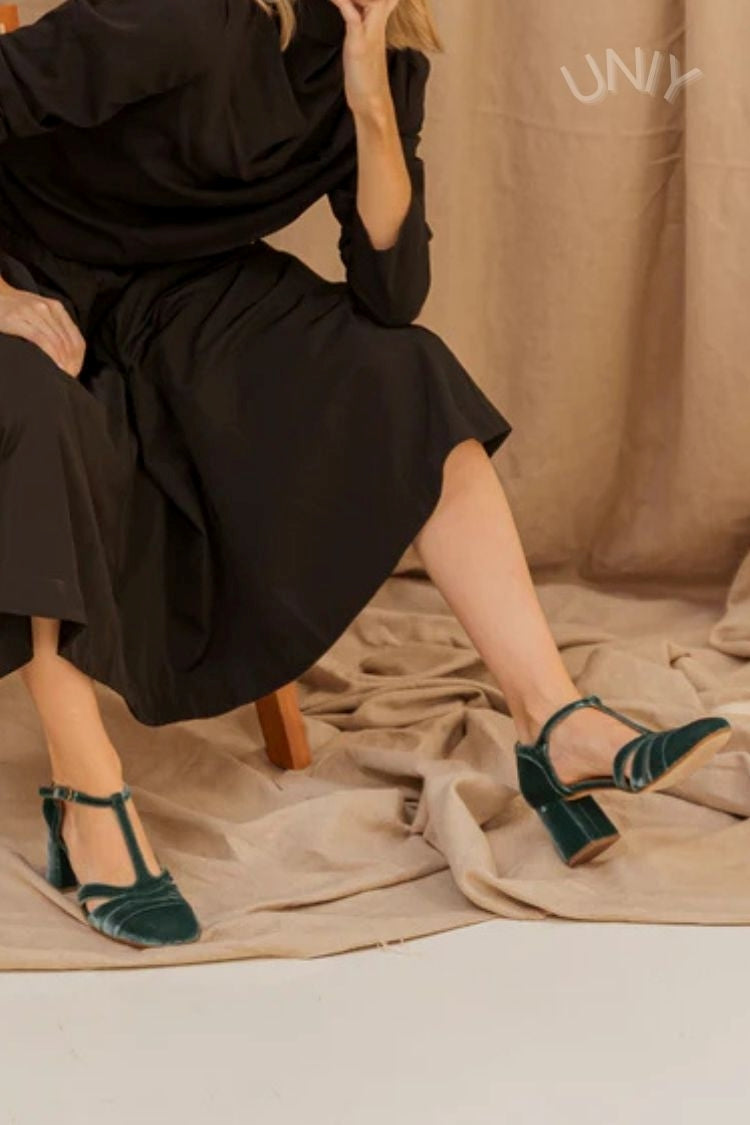 Hollow Out T-Strap Buckle Velvet Chunky Heels