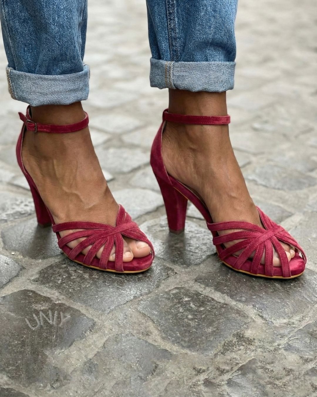 Burgundy Faux Suede T-Strap Chunky Block Heel Sandals [Pre Order]