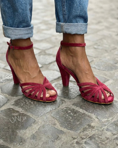 Burgundy Faux Suede T-Strap Chunky Block Heel Sandals [Pre Order]
