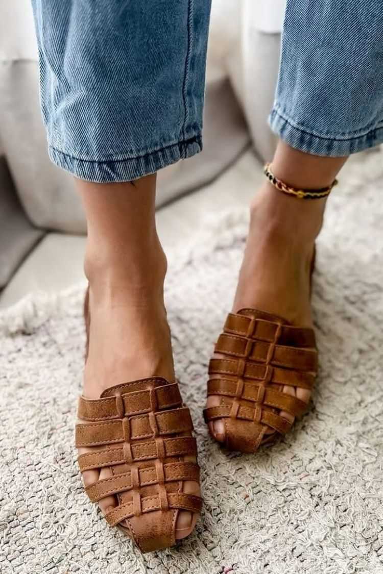 Faux Leather Woven Cutout Peep Toe Flats [Pre Order]