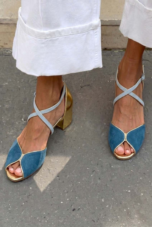 Suede Scalloped Crisscross Peep Toe Block Heel Sandals [Pre Order]