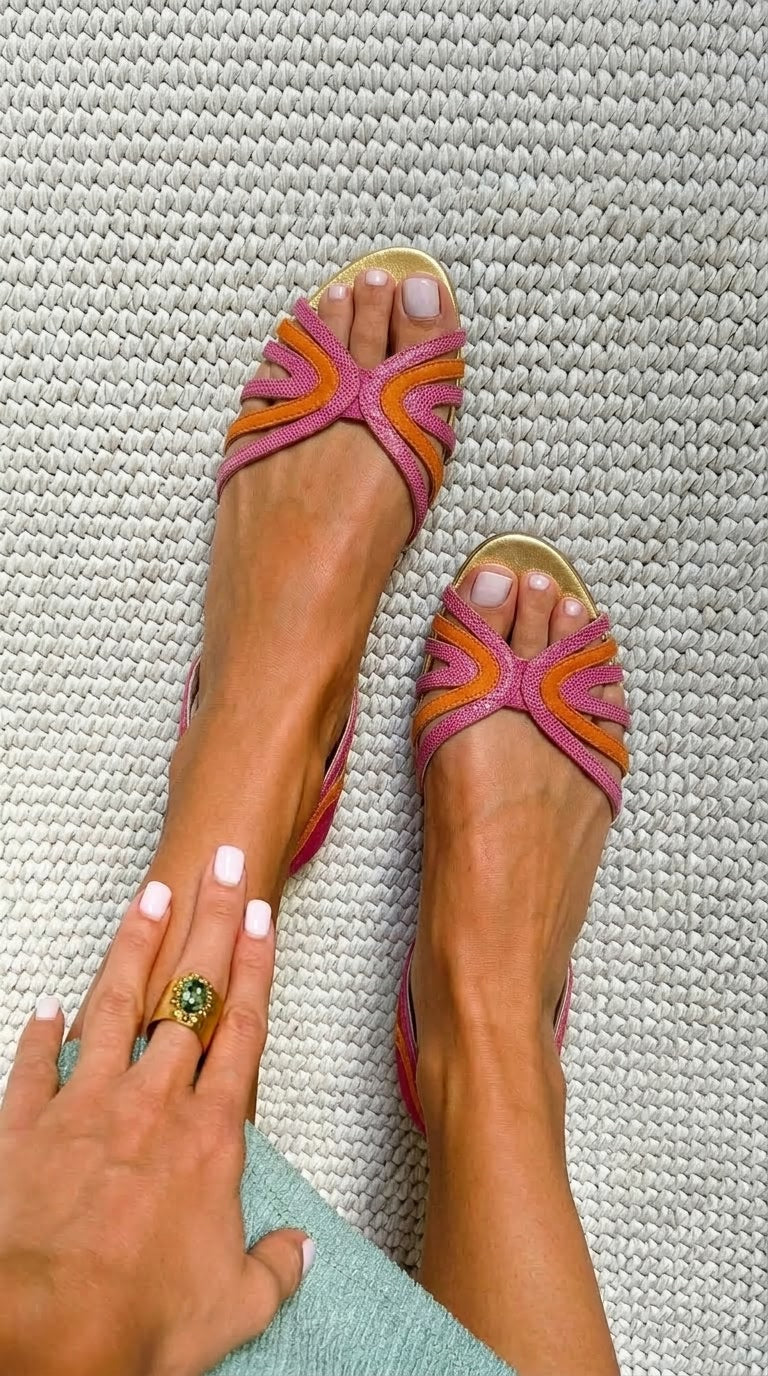 Pink Orange Textured Strappy Peep Toe Flat Sandals