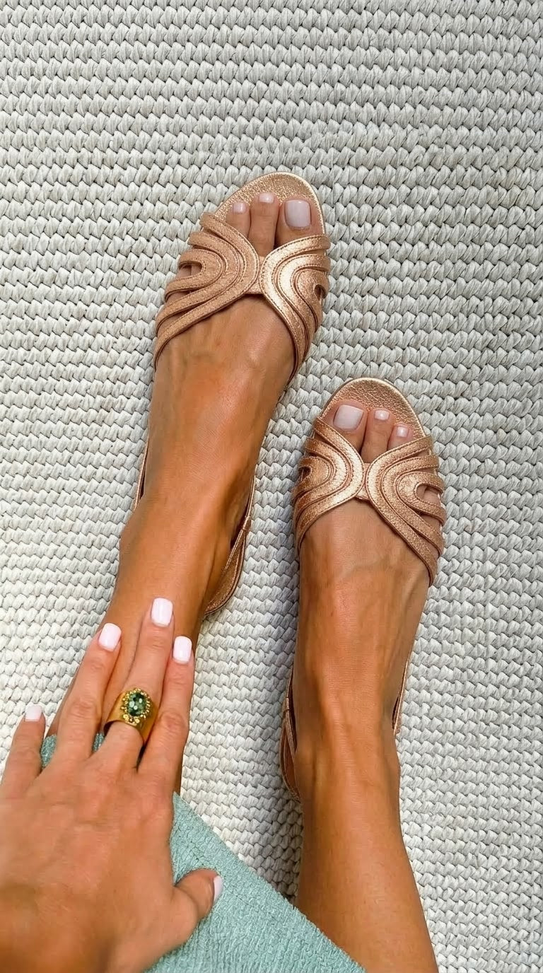 Metallic Rose Gold Wavy Strappy Peep Toe Flats [Pre Order]