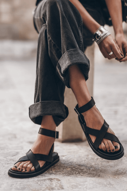 Matte Faux Leather Crisscross Ankle Strap Open Toe Sandals