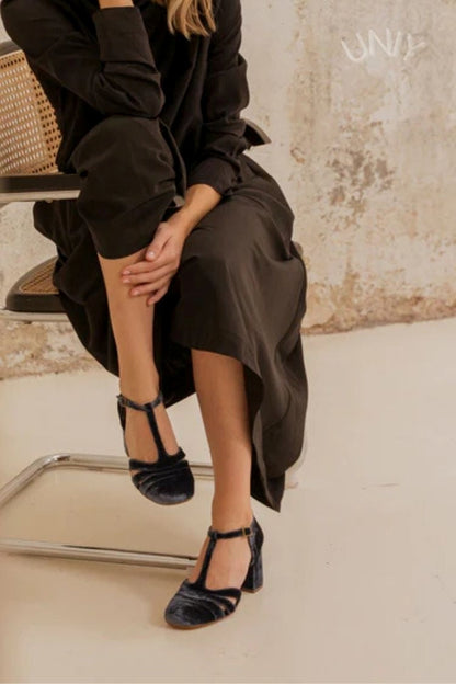 Hollow Out T-Strap Buckle Velvet Chunky Heels
