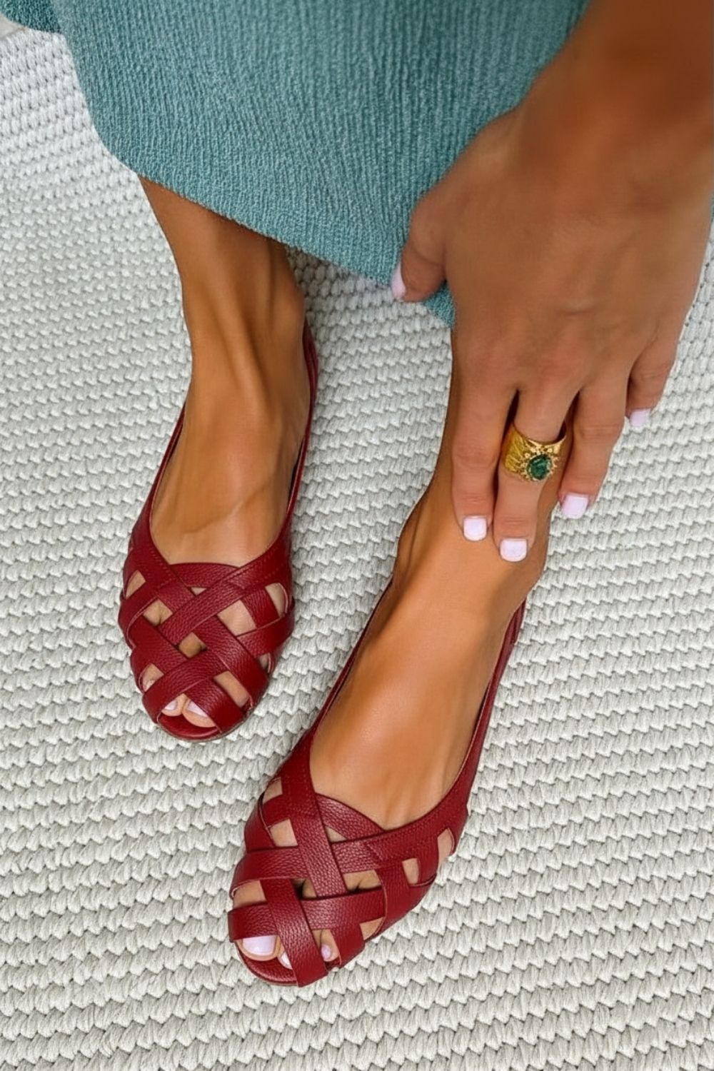 Burgundy Woven Strap Open Toe Comfortable Flat Sandals