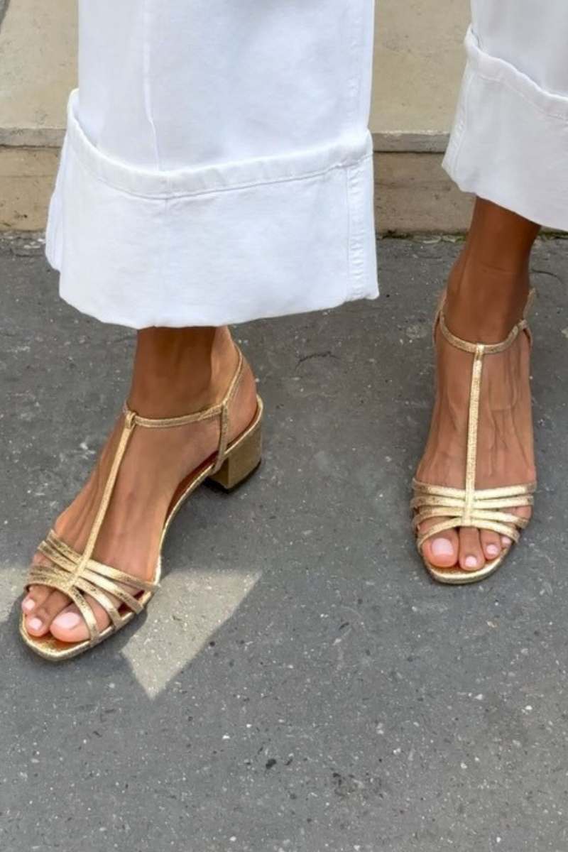 Metallic T-Strap Buckle Block Heel Sandals