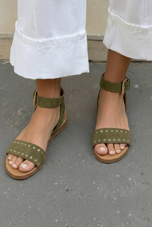 Studded Eyelet Open Toe Ankle Strap Flat Sandals [Pre Order]