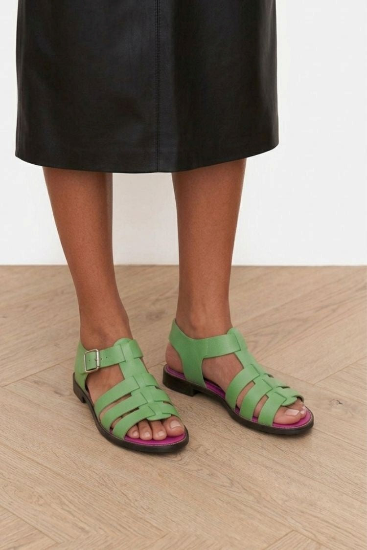 Green Leather Multi-Strap Cut-Out Fisherman Sandals [Pre Order]
