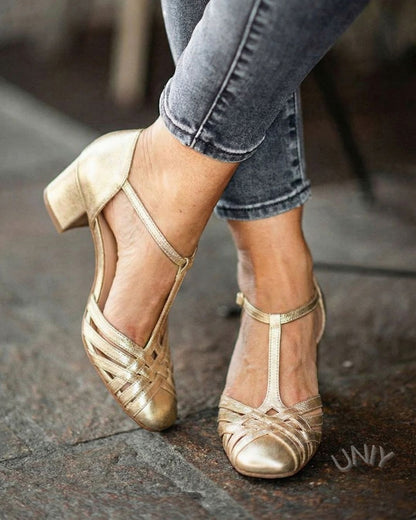 Elegant Metallic T-Strap Mary Jane Block Heel Dress Pumps