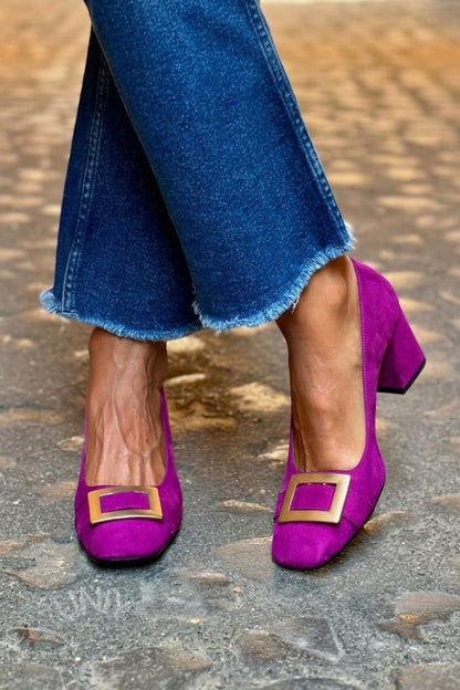 Patchwork Metal Decor Square Toe Navy Chunky Heels