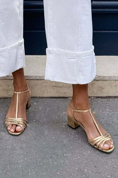 Metallic T-Strap Buckle Block Heel Sandals