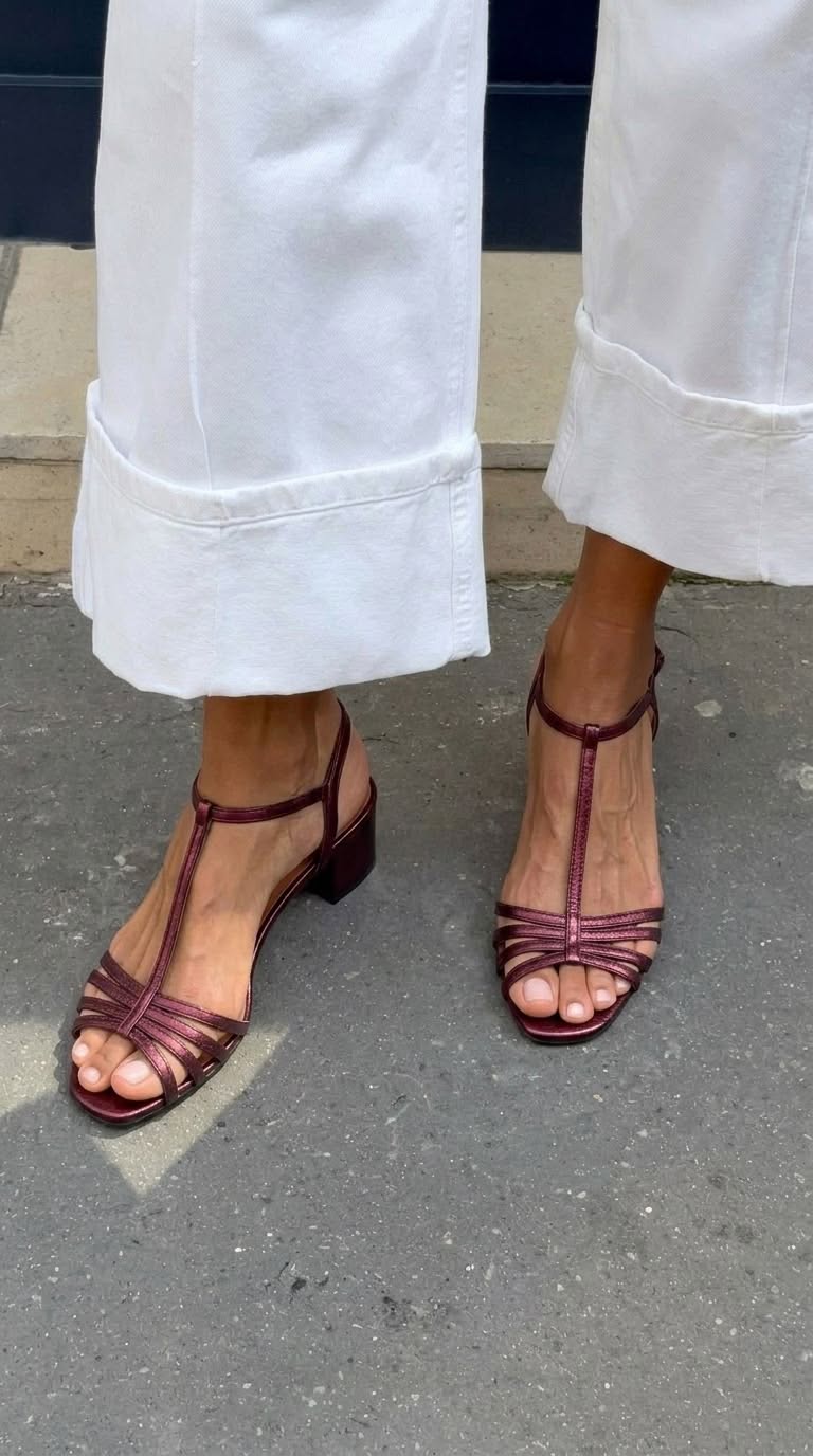 Metallic T-Strap Buckle Block Heel Sandals