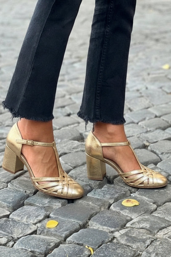 Chic Champagne Gold Metallic T-Strap Woven Block Heels [Pre Order]