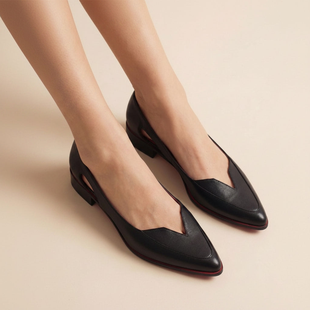 Elegant Black Leather Pointed Toe V-Cut Side Cutout Flats [Pre Order]