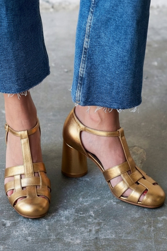 Gold T-Strap Woven Caged Round Toe Block Heel Retro Sandals [Pre Order]