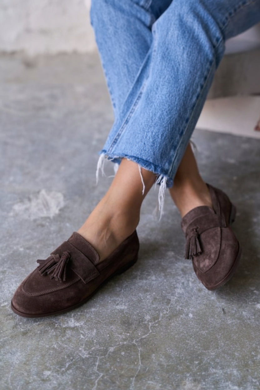 Dark Brown Faux Suede Tassel Detail Flat Loafers [Pre Order]