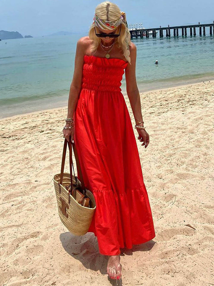Gerafftes Bustier Schulterfreies Urlaubs-Maxikleid