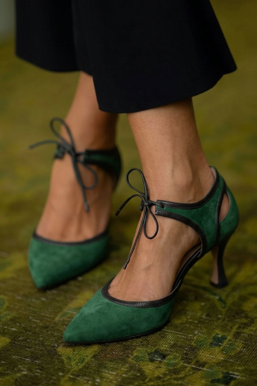 Tacones Bajos de Aguja con Moño Bicolor de Gamuza Sintética Rosa con Punta