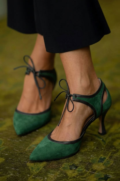 Tacones Bajos de Aguja con Moño Bicolor de Gamuza Sintética Rosa con Punta
