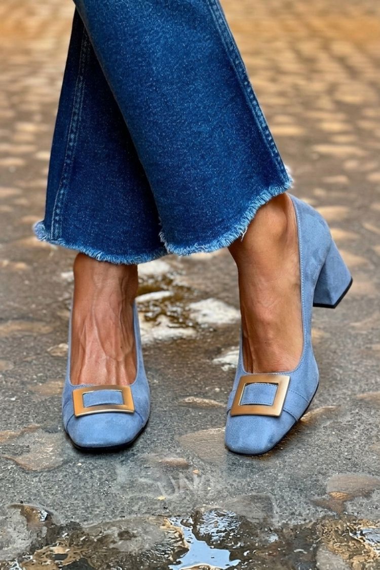 Patchwork Metal Decor Square Toe Navy Chunky Heels