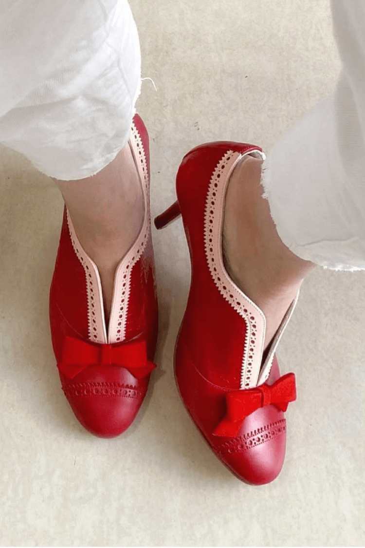 Sabot in velluto rosso con fiocco e bordo smerlato [Pre Ordine]