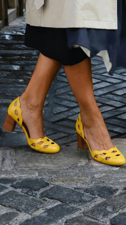 Tan Leather Scalloped Cutout Chunky Block Heels