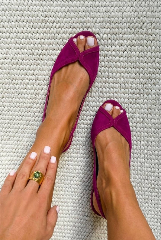 Chic Fuchsia Suede Peep Toe Slingback Flats