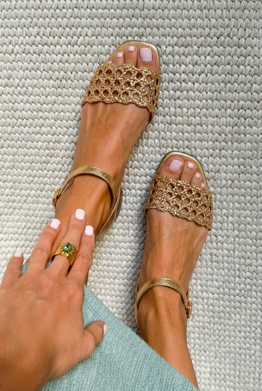 Schicke flache Sandalen mit quadratischer Spitze aus goldfarbenem Metallic-Gewebe