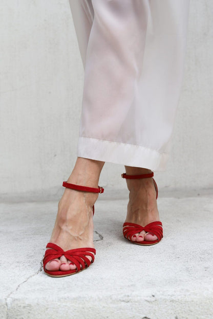 Red Suede Criss Cross Open Toe Slide Sandals [Pre Order]
