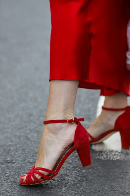 Red Suede Criss Cross Open Toe Slide Sandals [Pre Order]