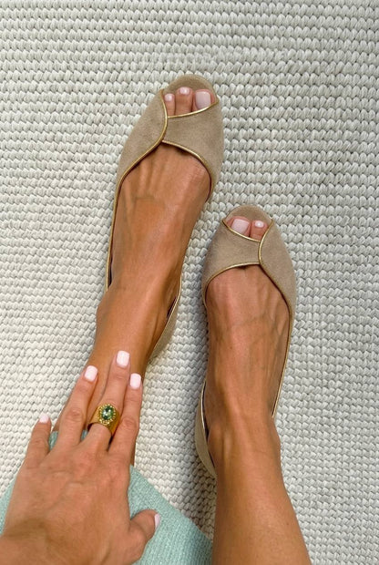 Wildleder Goldbesatz Peeptoe D'Orsay Beige Ballerinas