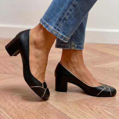 Elegant Black Gold Piping Detail Round Toe Block Heels