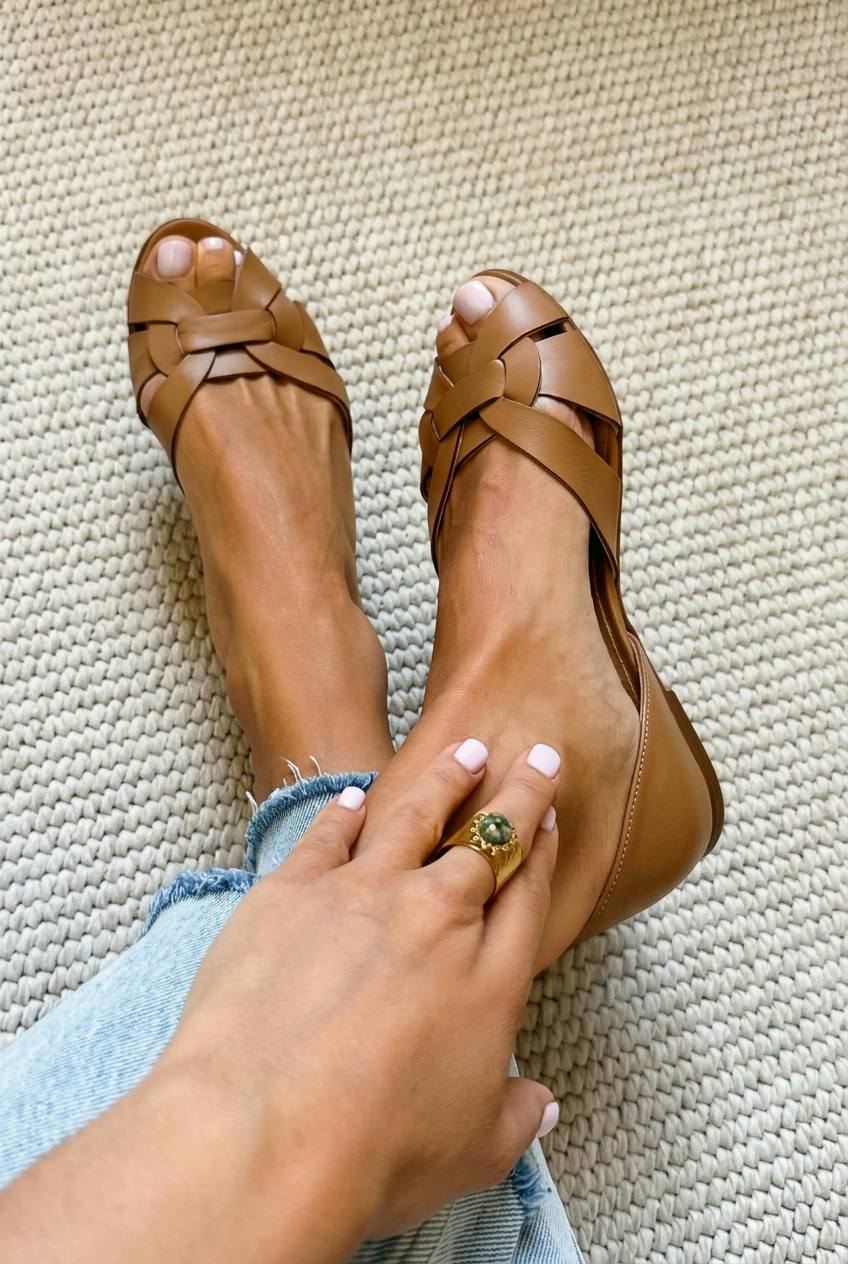 Geweven kruislingse nep leren gesloten achterkant peep toe platte schoenen