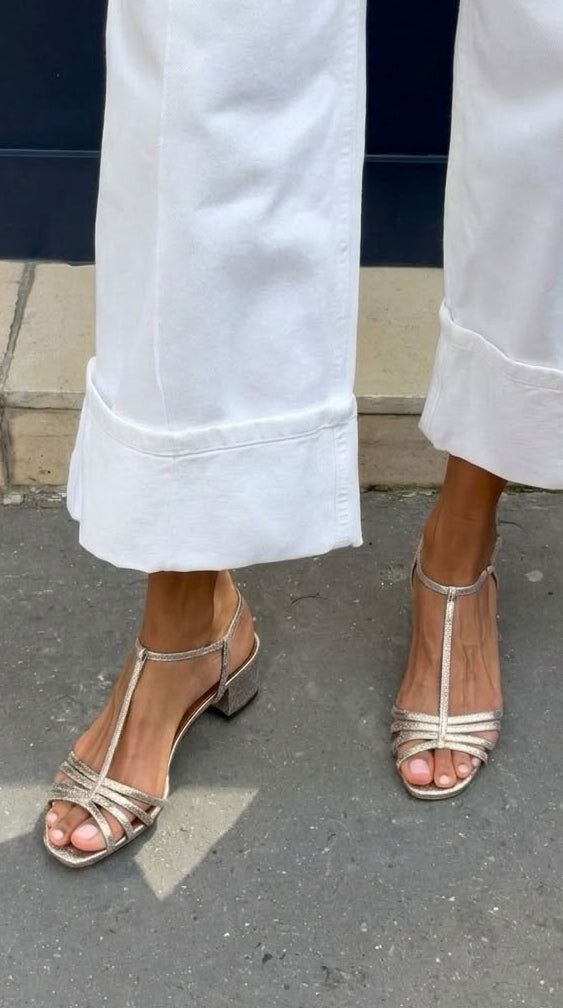 Metallic T-Strap Buckle Block Heel Sandals