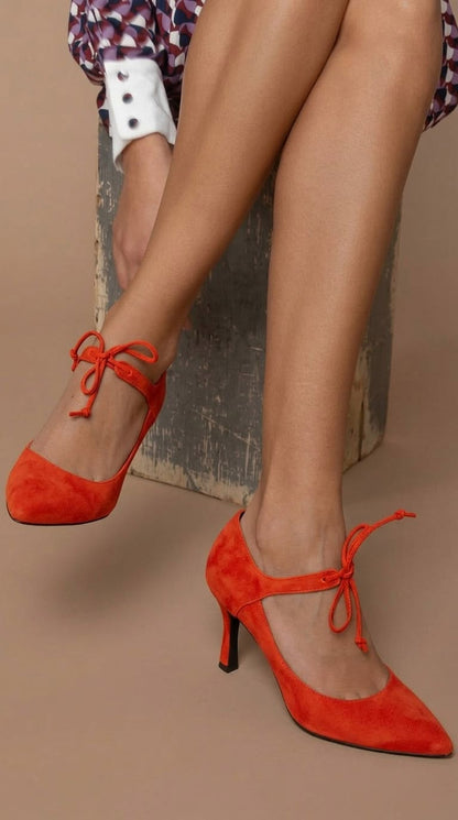 Suede Bow Strap Pointed Toe Mid Heel Dress Pumps